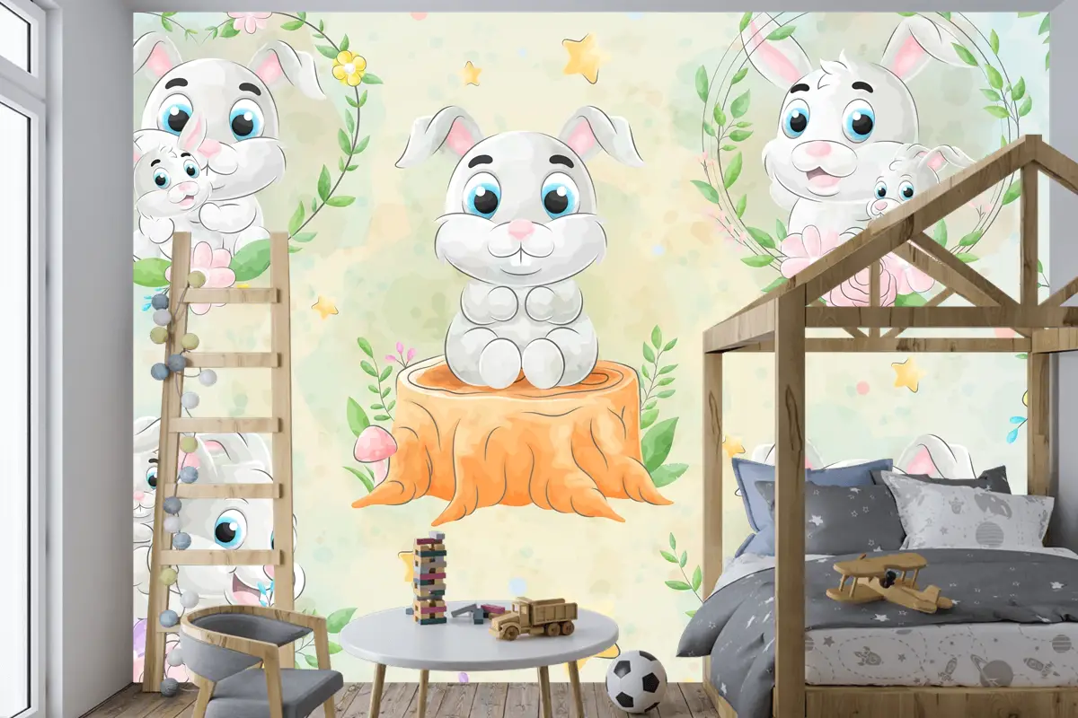 Suluboya Çocuk Odası Duvar Kağıdı  Ile Sevimli Küçük Tavşan