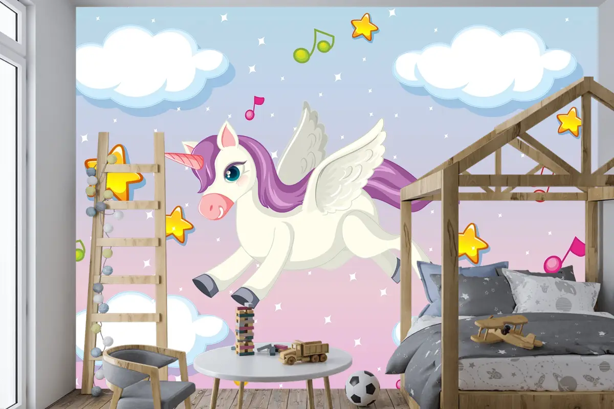 Pastel Gökyüzünde Uçan Mor Yeleli Sevimli Pegasus Çocuk Odası Duvar Kağıdı