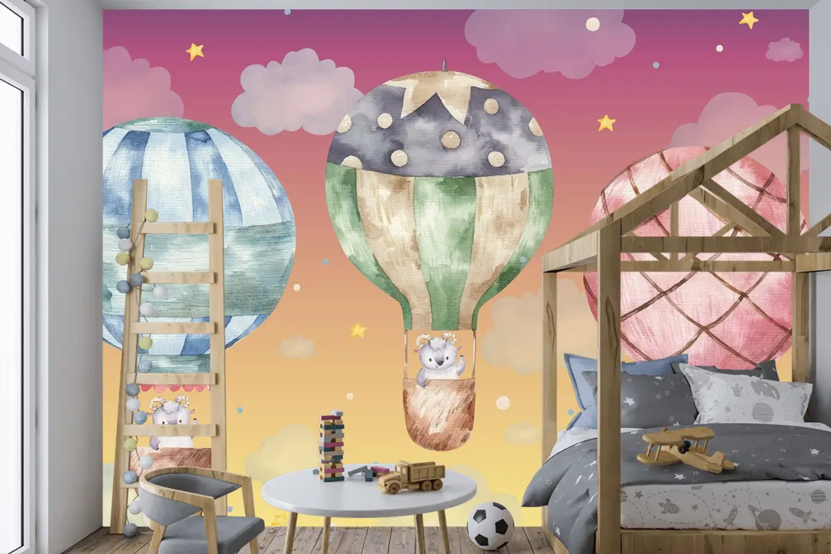 Renkli Balonlar Üzerinde Uçan Sevimli Koç Çocuk Odası Duvar Kağıdı