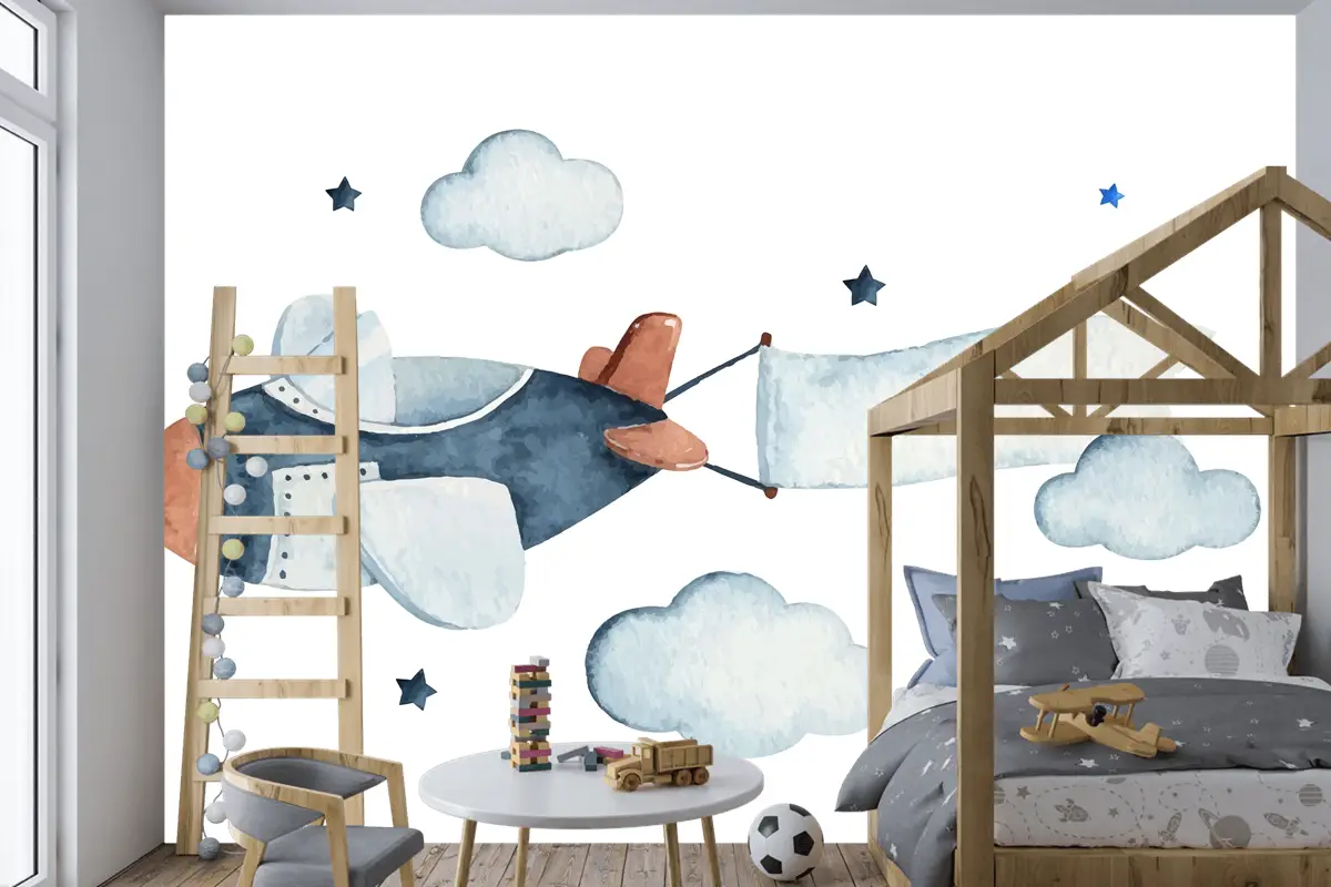 Hava Uçağı Bulutları Ve Yıldızlarla Sevimli Suluboya Gökyüzü Sahnesi Çocuk Odası Duvar Kağıdı