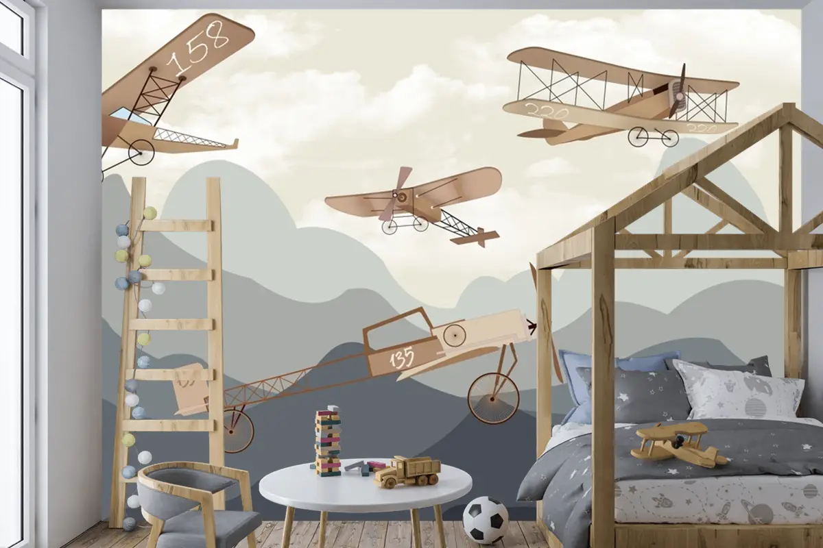 Dağlar Uçaklar Manzara Çocuk Odası Duvar Kağıdı