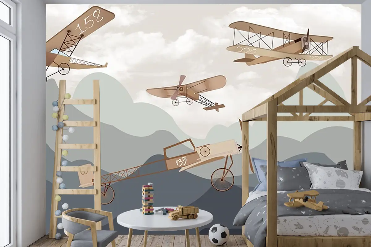 Dağlar Ve Kanatlı Uçaklar Çocuk Odası Duvar Kağıdı