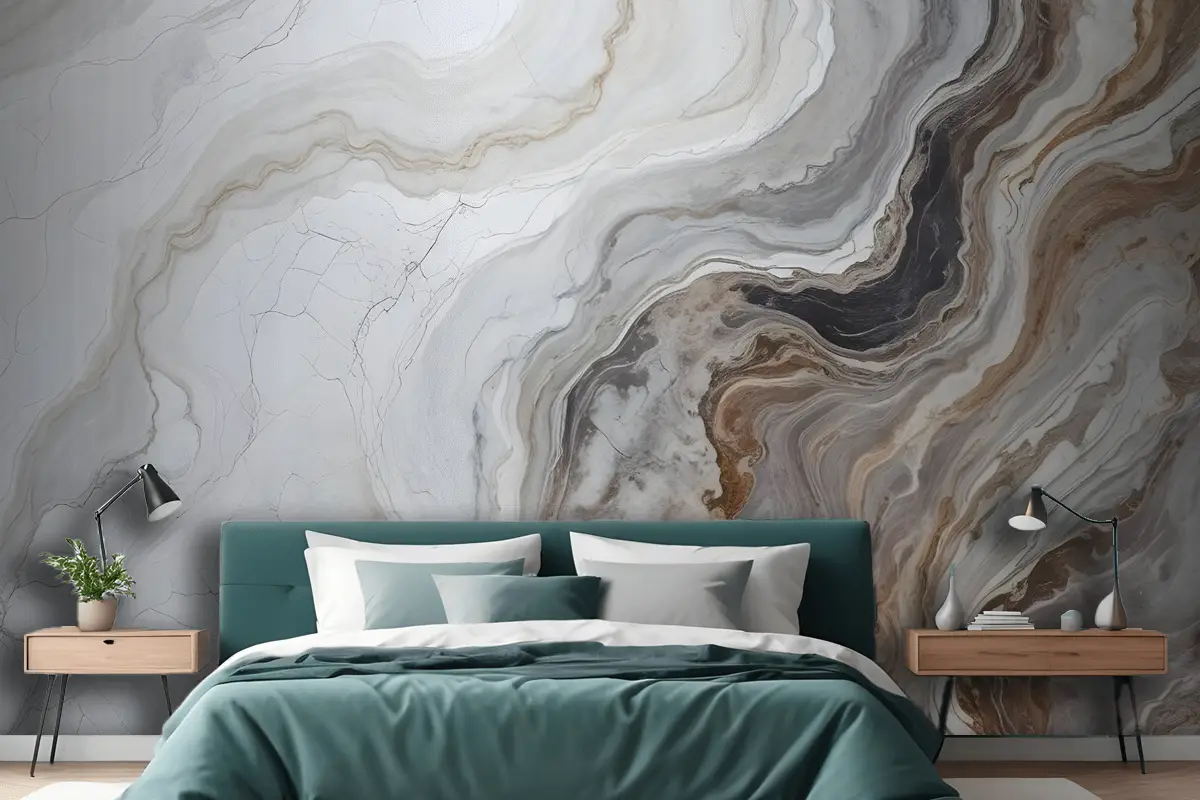Koyu Mermer Gri Ve Kahverengi Dalgalar Yatak Odası Duvar Kağıdı