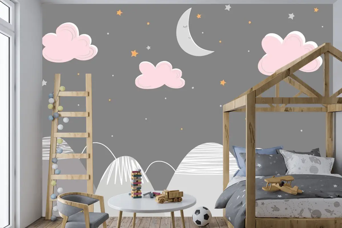 Dağ Manzarası Bulutlar Ve Uyuyan Ay Çocuk Odası Duvar Kağıdı  Ile İskandinav Tarzında Dekor