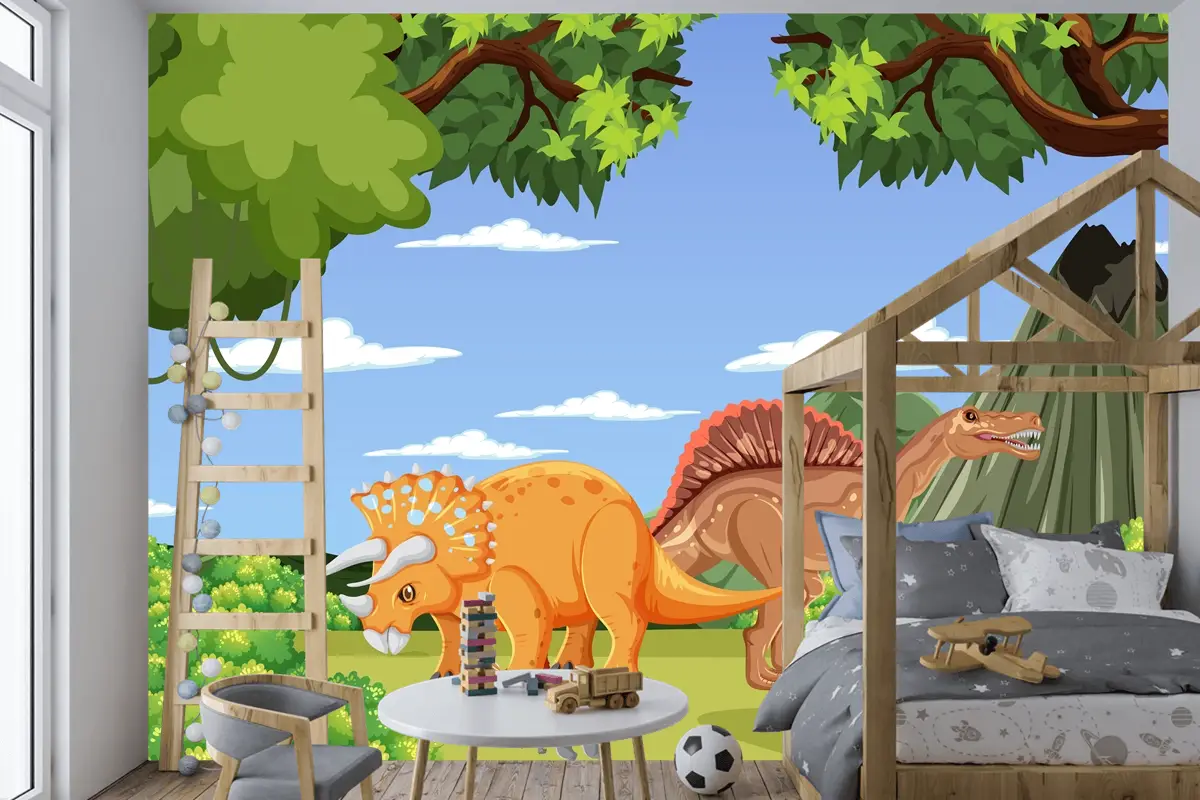 Tarih Öncesi Orman Sahnesinde Dinozor Çocuk Odası Duvar Kağıdı 