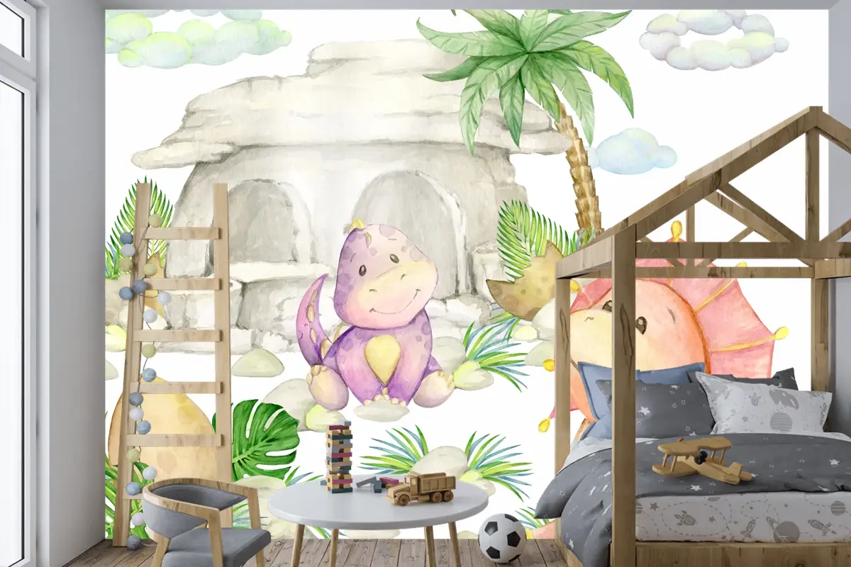 Dinozorlar Bir Taş Ev Bir Palmiye Ağacı Çocuk Odası Duvar Kağıdı