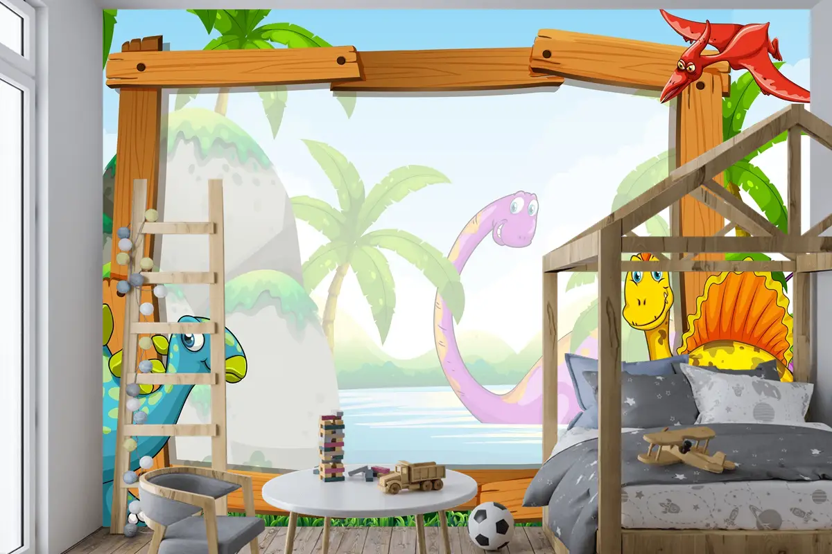 Ahşap Çerçeveli Dinozorlar Çocuk Odası Duvar Kağıdı 