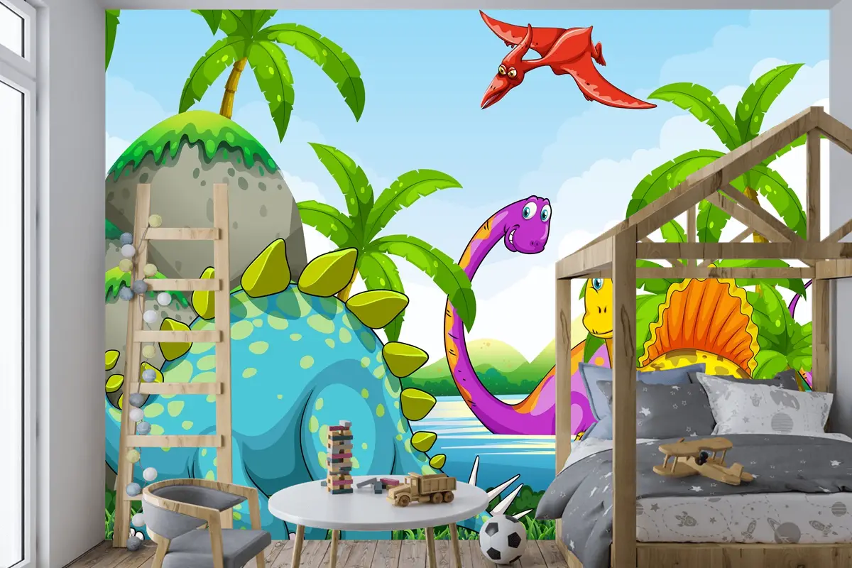 Ormanda Yaşayan Dinozorlar Çocuk Odası Duvar Kağıdı 