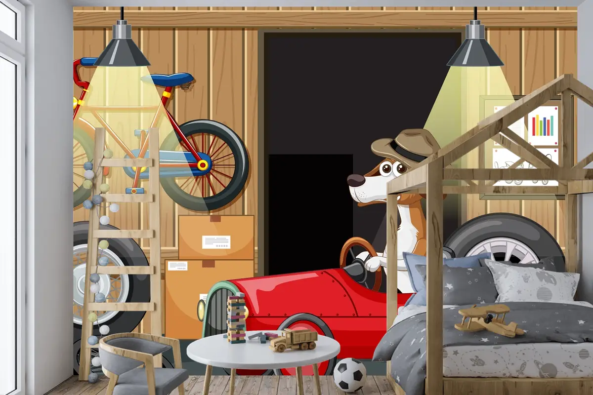 Garajda Arabayı Süren Köpek Çocuk Odası Duvar Kağıdı