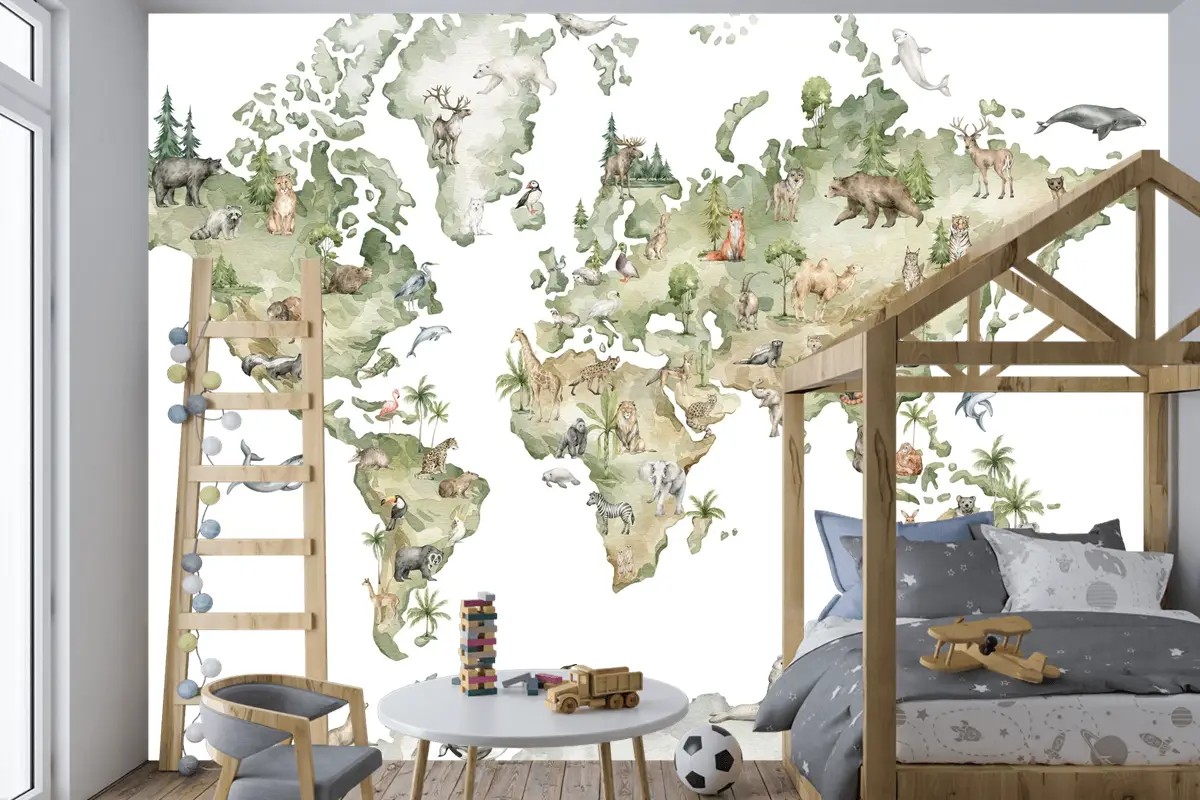 Dünya Haritası ve Dünya Hayvanları Temalı Çocuk Odası Duvar Kağıdı