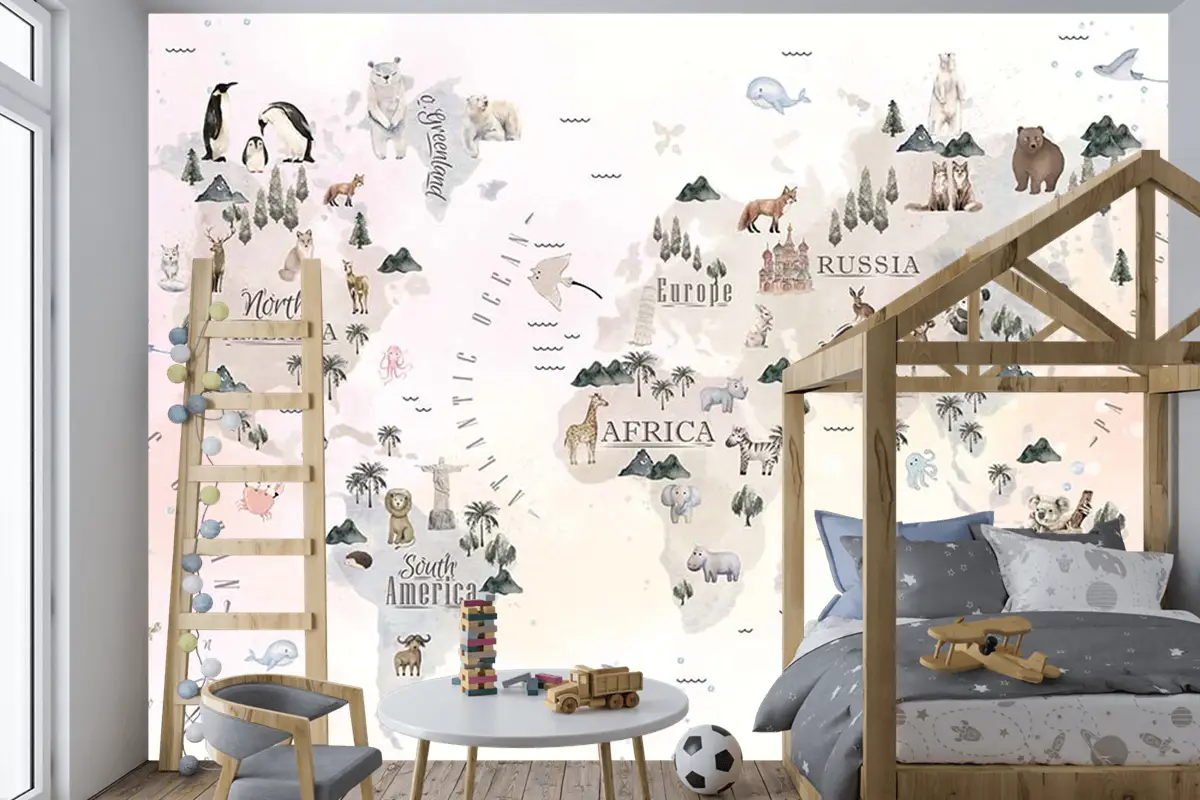 Dünya Üzerinde Sevimli Hayvanlar Çocuk Odası Duvar Kağıdı