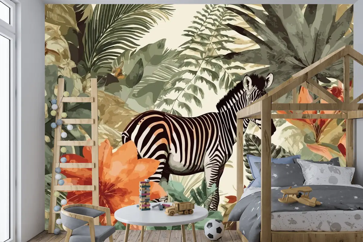 Egzotik Zebra Masalları Sanatsal Vintage Orman Kolaj Desen Sorunsuz Çocuk Odası Duvar Kağıdı