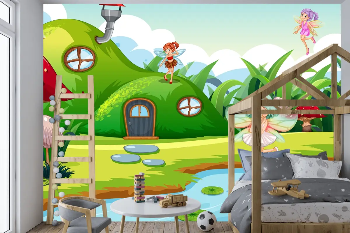 Yeşil Sahnede Fantezi Periler Çocuk Odası Duvar Kağıdı