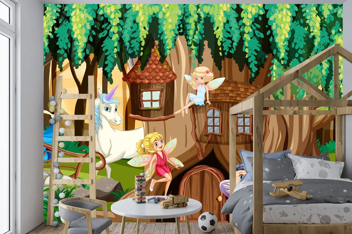 Periler Ve Tek Boynuzlu Fantezi Orman Çocuk Odası Duvar Kağıdı