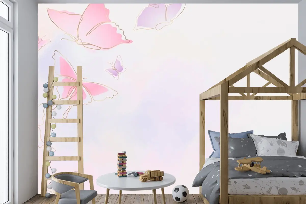 Kadınsı Kelebek Arka Plan Pembe Sınır Çocuk Odası Duvar Kağıdı