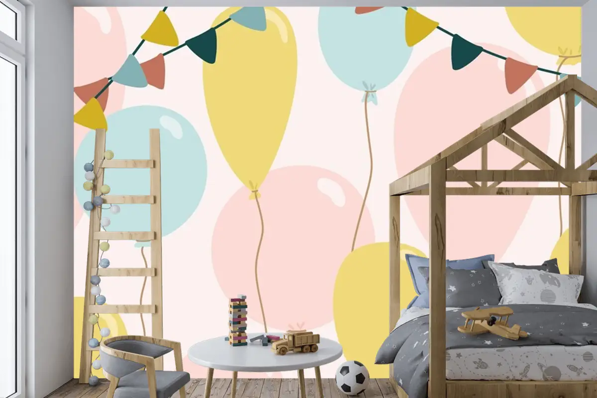 Mavi Pembe Ve Sarı Balonlu Şenlikli Arka Plan Çocuk Odası Duvar Kağıdı