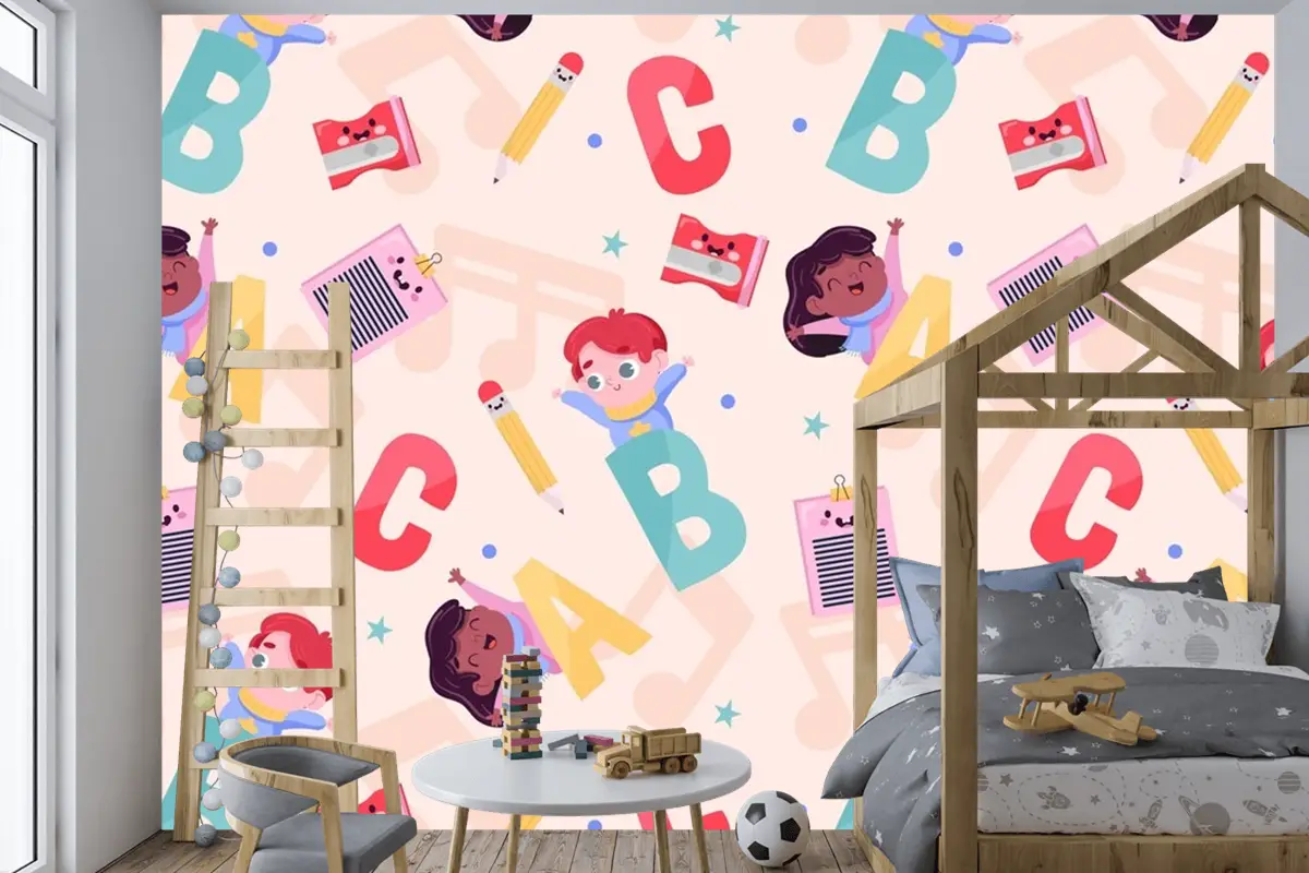 Düz Okula Dönüş Desen Tasarımı Çocuk Odası Duvar Kağıdı