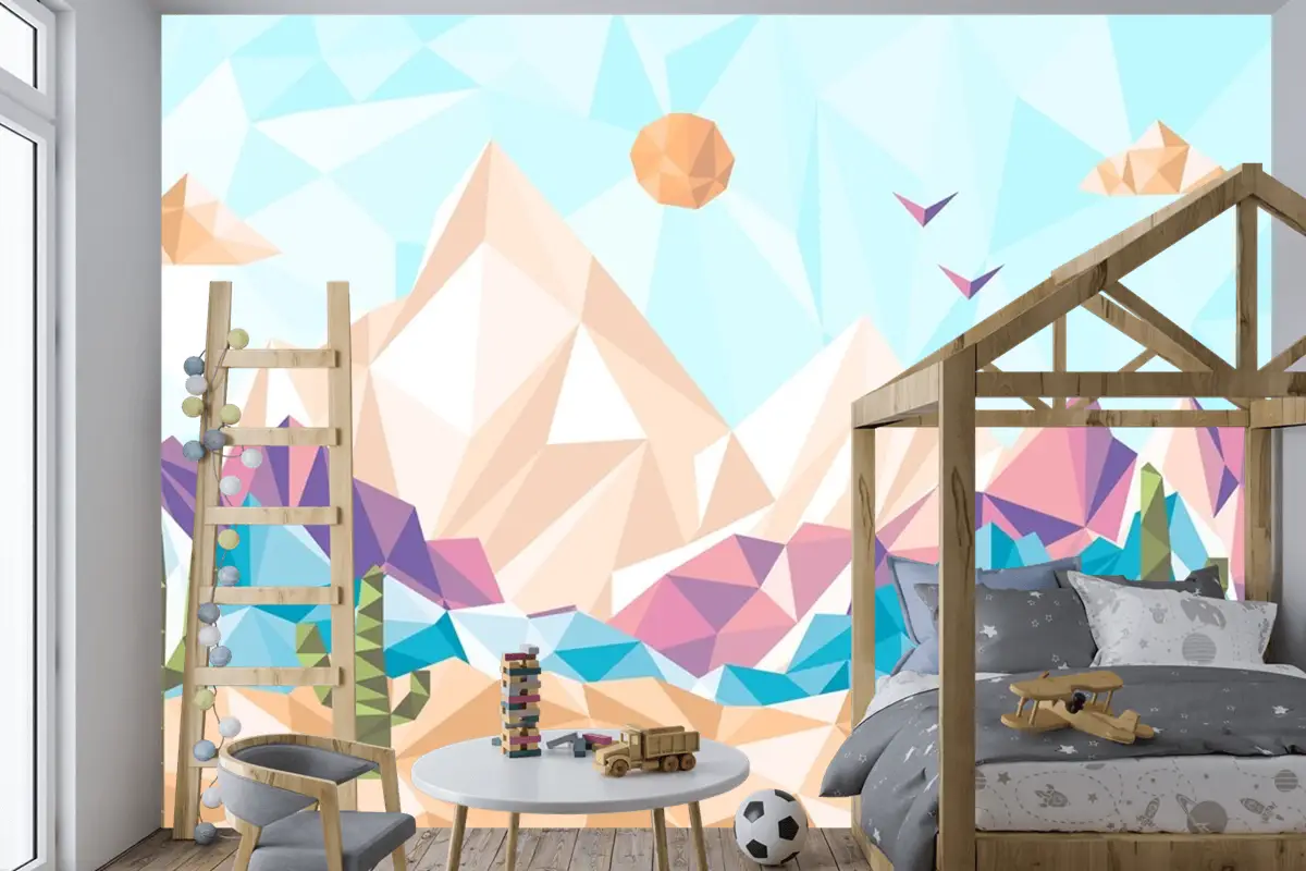 Düz Tasarım Düşük Poli Manzara Çocuk Odası Duvar Kağıdı 
