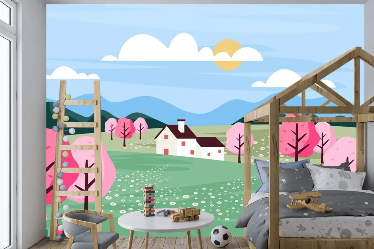 Düz Tasarım Bahar Manzara Çocuk Odası Duvar Kağıdı 