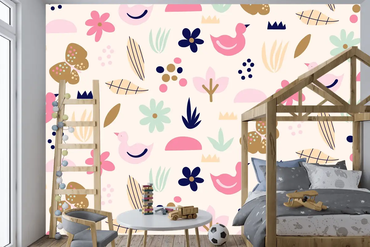Düz İskandinav Tasarım Desenli Çocuk Odası Duvar Kağıdı 