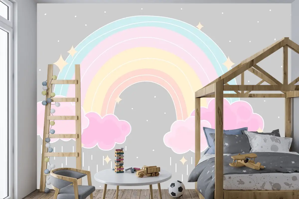 Düz Stil Renkli Gökkuşağı Çocuk Odası Duvar Kağıdı 