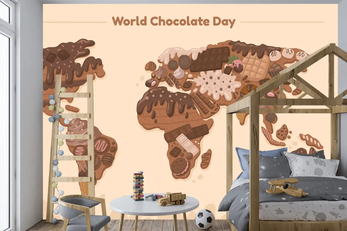 Düz Dünya Haritası Çikolata Günü Çocuk Odası Duvar Kağıdı