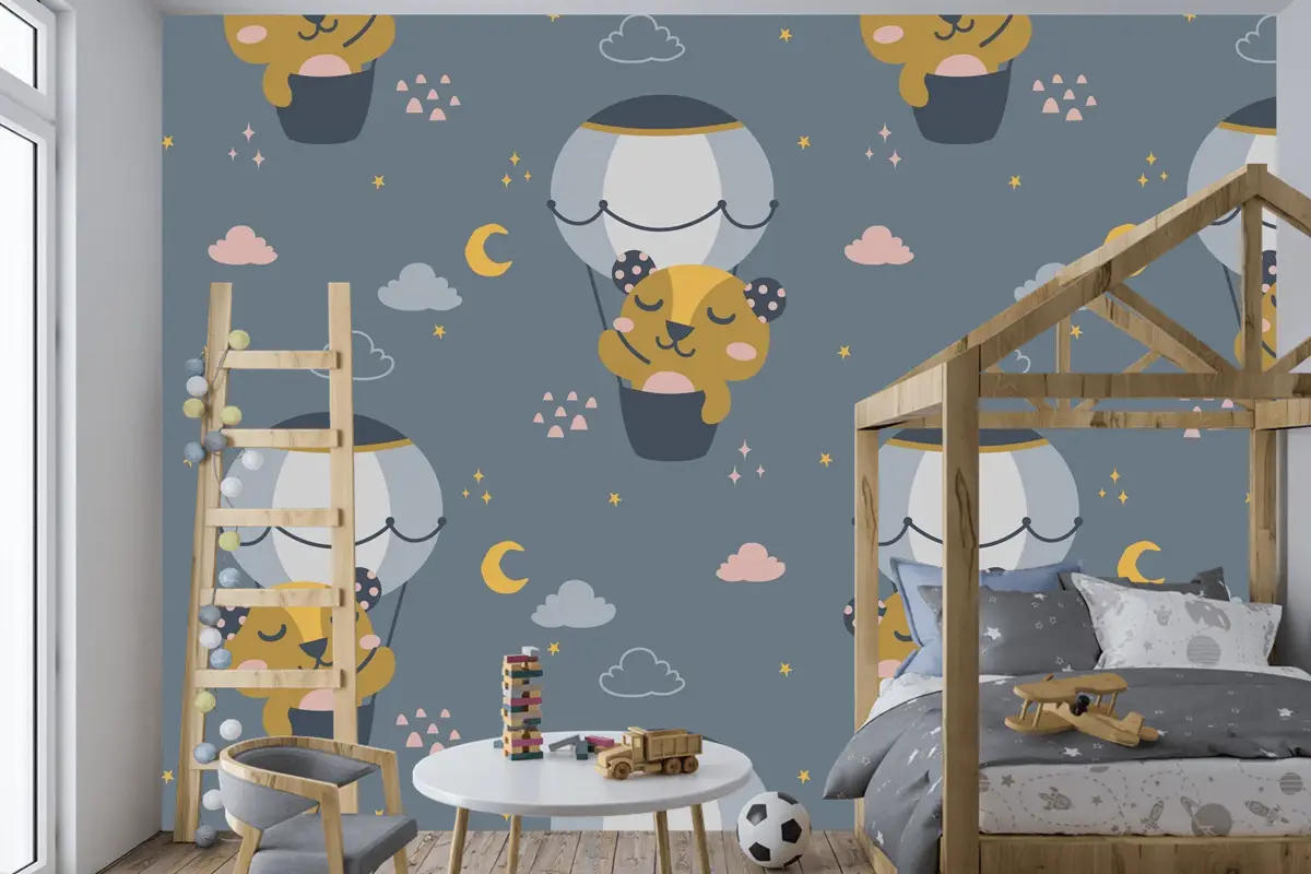 Uçan Sevimli Ayı İskandinav Desen Çocuk Odası Duvar Kağıdı