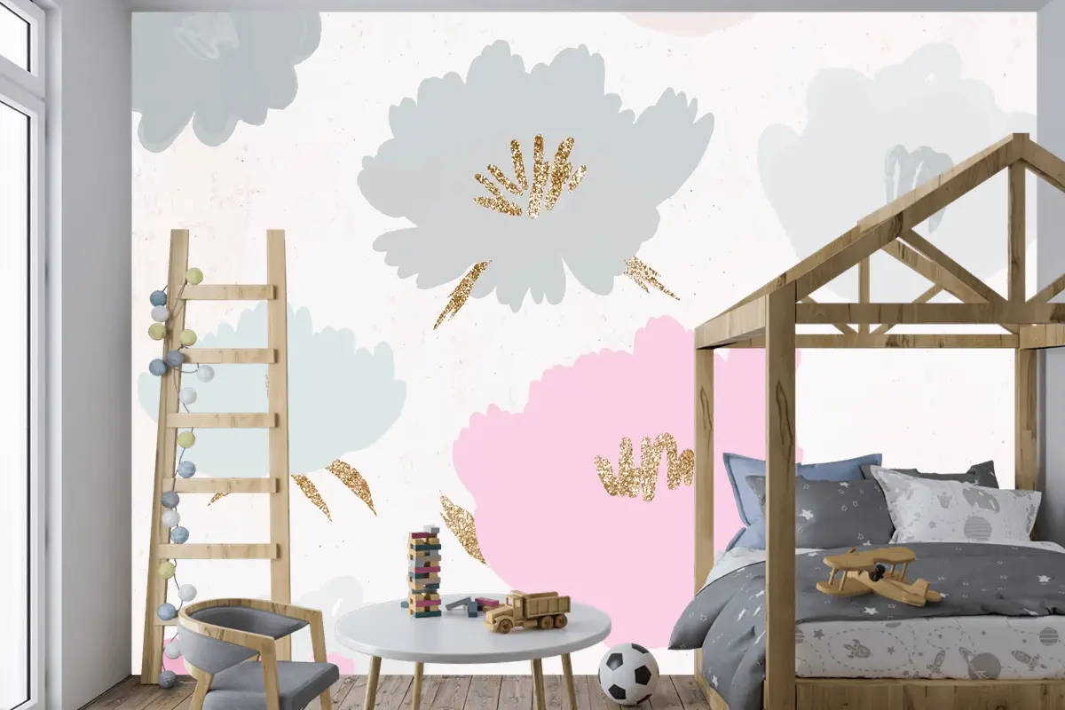 Çiçek Desenli Arka Plan Elle Çizilmiş Çocuk Odası Duvar Kağıdı 