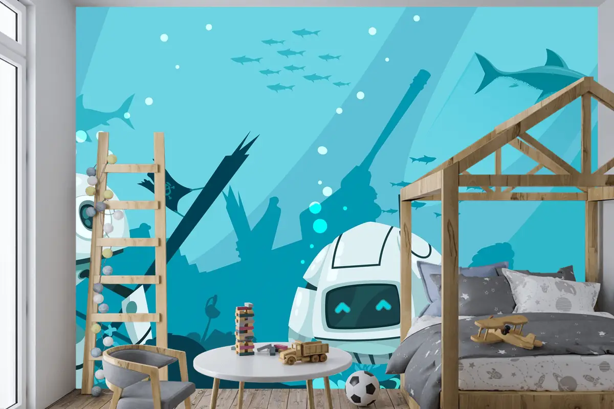 Fütüristik Robotlar Deniz Kompozisyonu Çocuk Odası Duvar Kağıdı