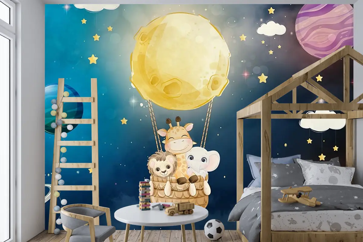 Galaksi Gezegenler Ve Sevimli Hayvanlar Çocuk Odası Duvar Kağıdı