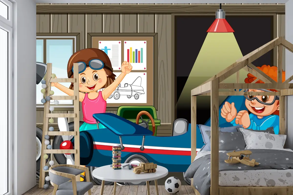 Çocukların Birlikte Araba Tamir Ettiği Garaj Sahnesi Çocuk Odası Duvar Kağıdı