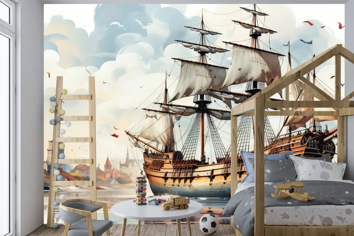 Geometrik Düz Tasarım Şehir Manzaralı Başkent Gün Batımı Çocuk Odası Duvar Kağıdı