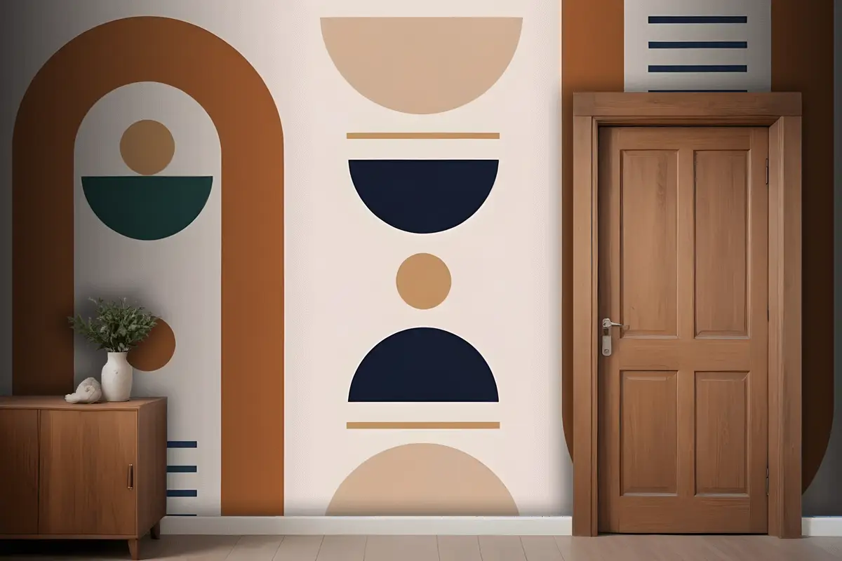 Kahverengi Bej Lacivert Ve Yeşilin Toprak Tonlarında Geometrik Şekiller Ve Formlar Antre  Hol  Koridor Duvar Kağıdı