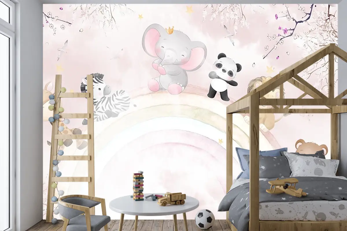 Gökkuşağı Üzerinde Sevimli Hayvanlar Çocuk Odası Duvar Kağıdı