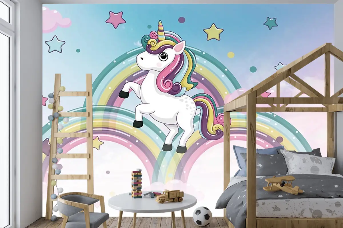 Gökkuşakları Üzerinde Unicorn Çocuk Odası Duvar Kağıdı
