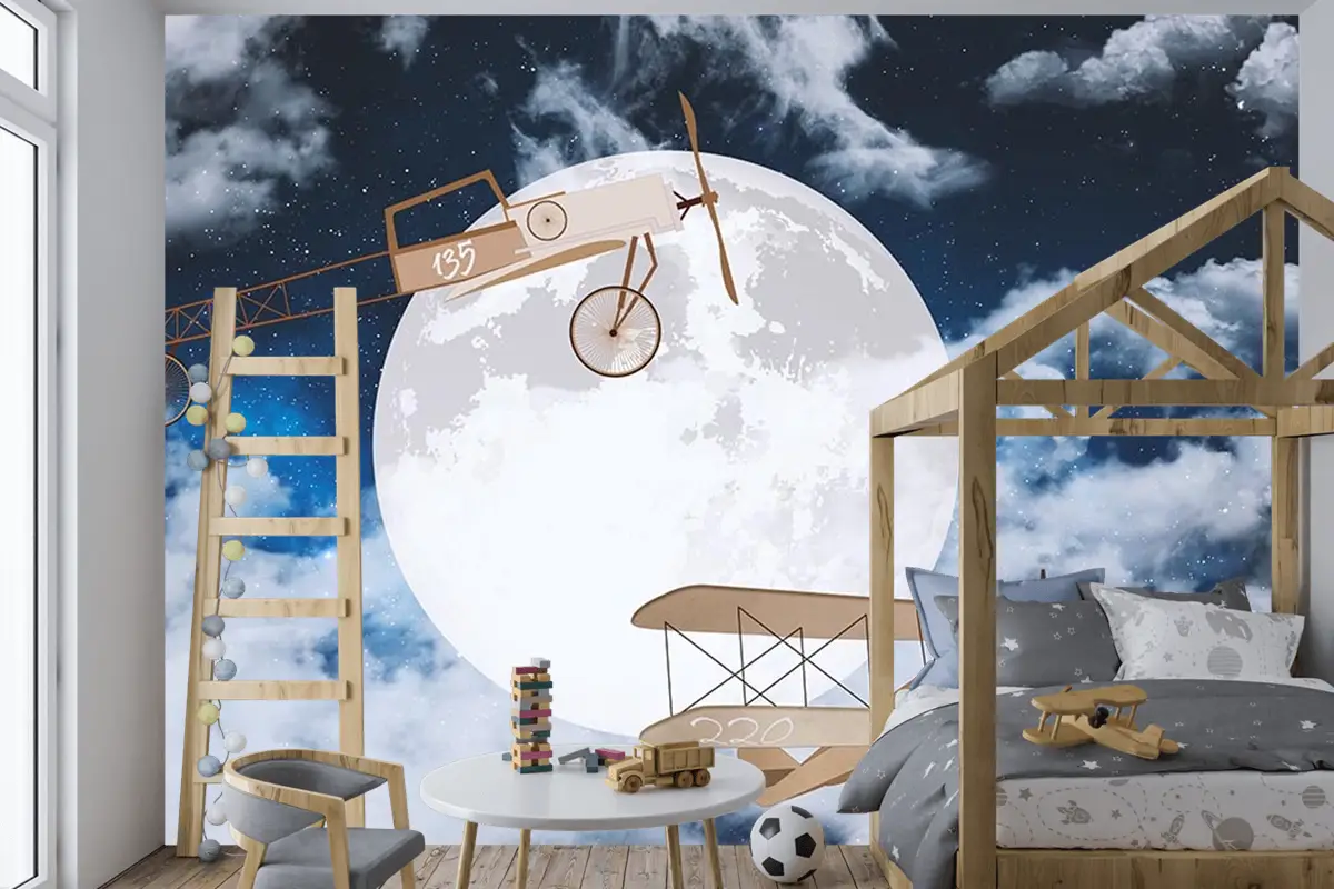 Gökyüzünde Ay Ve Uçaklar Çocuk Odası Duvar Kağıdı