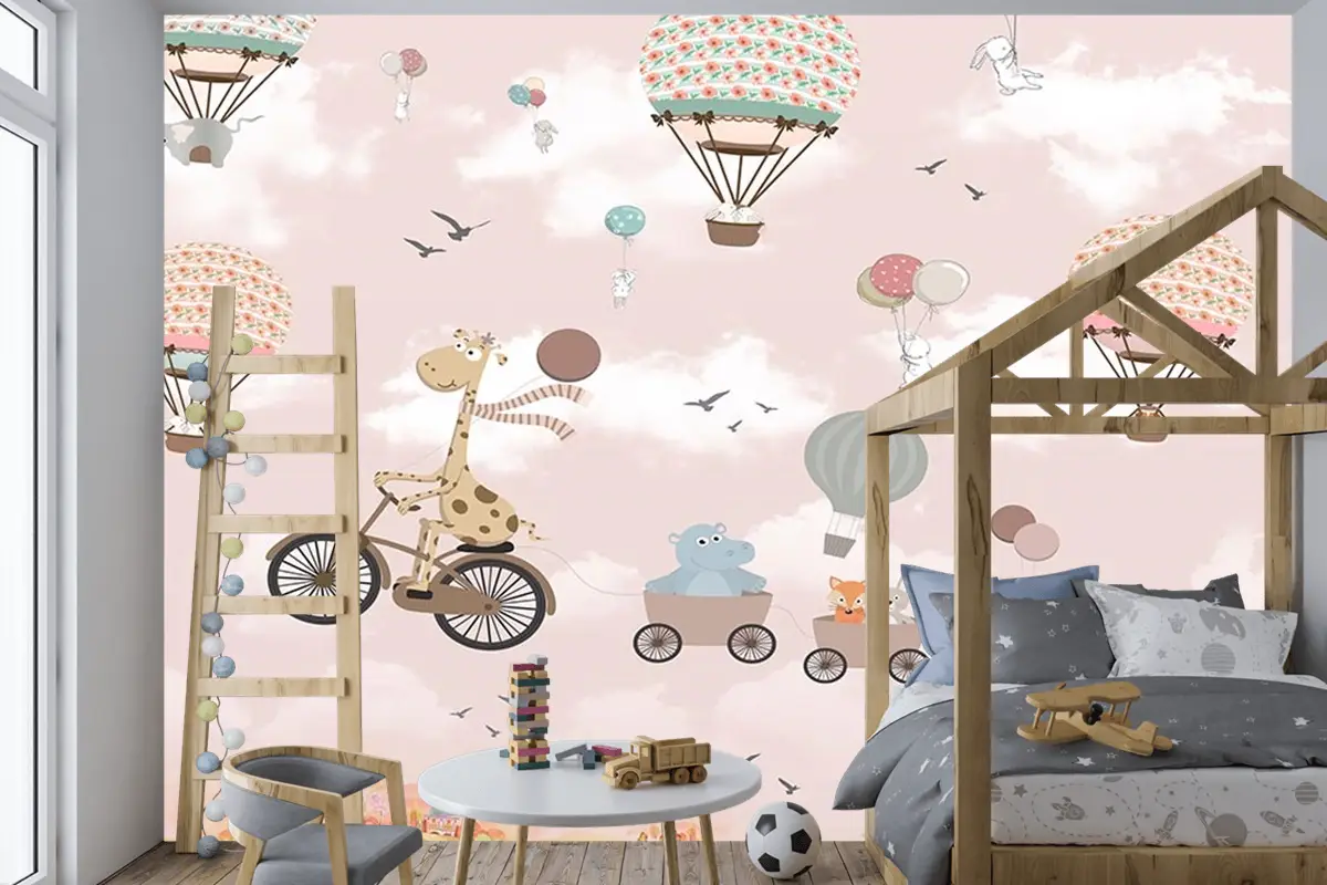 Gökyüzünde Bisiklet Süren Zürafa Ve Arkadaşları Çocuk Odası Duvar Kağıdı
