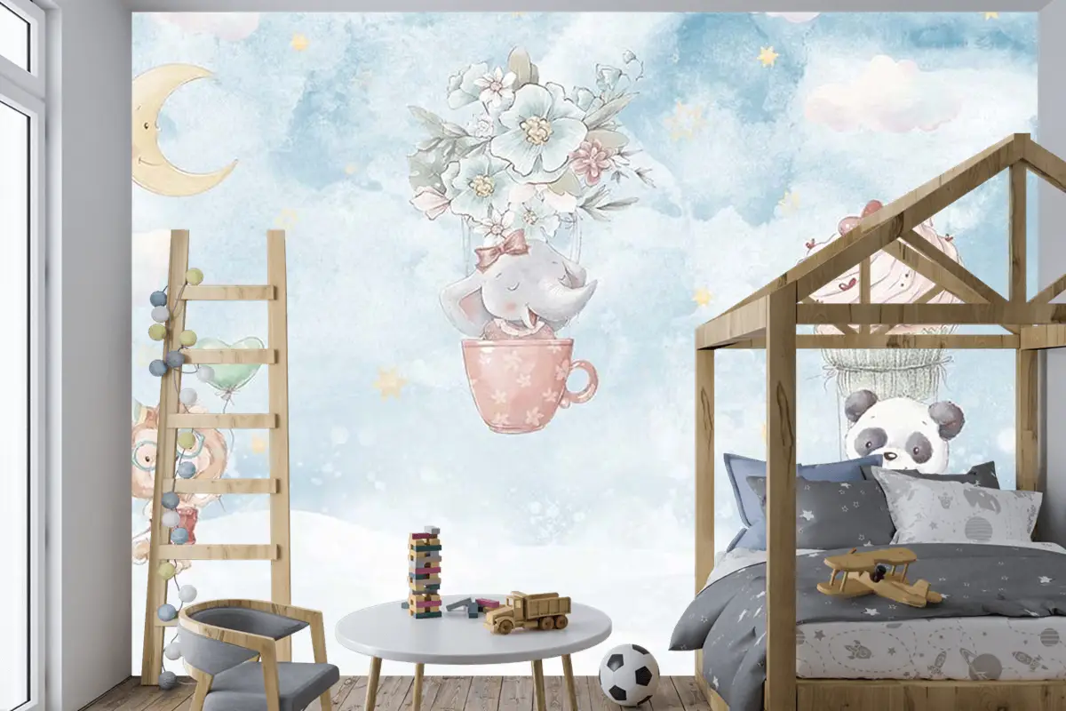 Gökyüzünde Fil Panda Çocuk Odası Duvar Kağıdı