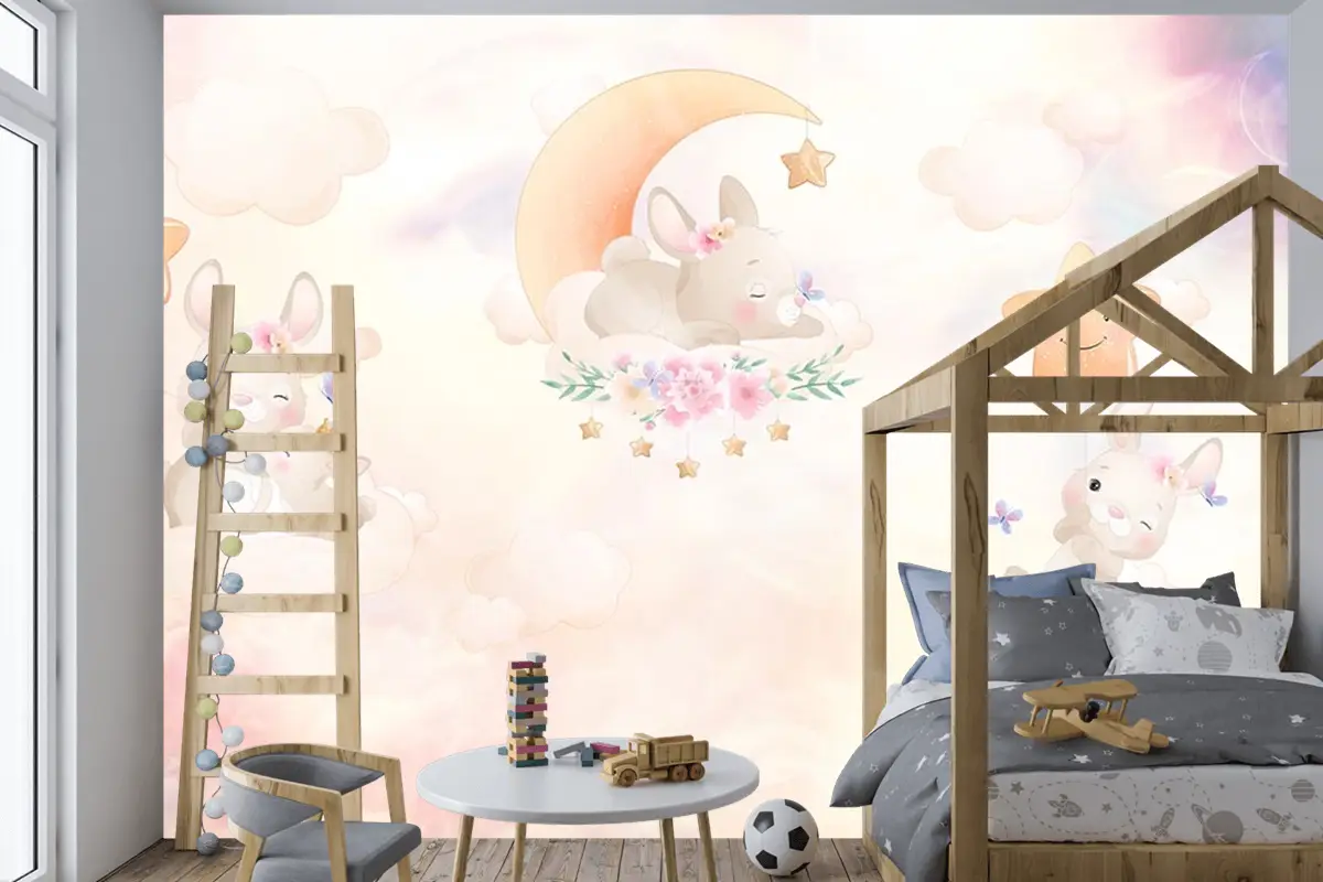 Gökyüzünde Sevimli Tavşanların Dünyası Çocuk Odası Duvar Kağıdı