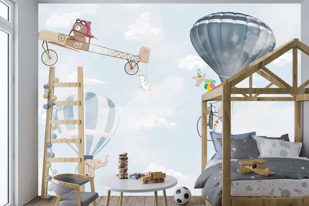 Gökyüzünde Uçak Balonlar Ve Sevimli Hayvanlar Çocuk Odası Duvar Kağıdı