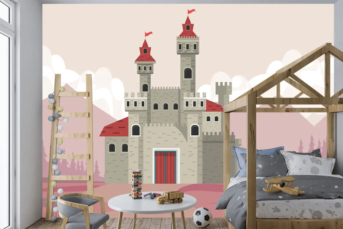 Pembe Manzara Sahnesi Çocuk Odası Duvar Kağıdı Duvarındaki Gri Kale