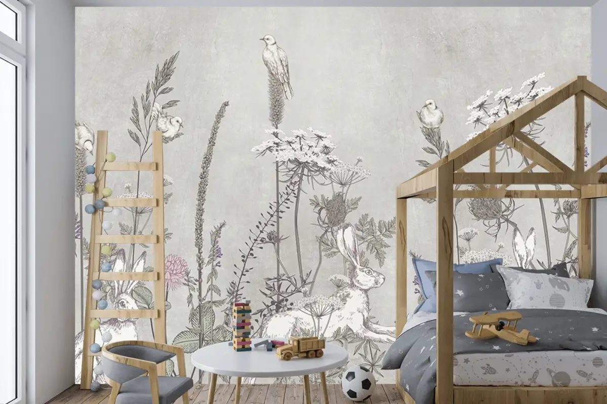 Gri Tavşanlar Ve Çiçekler Çocuk Odası Duvar Kağıdı