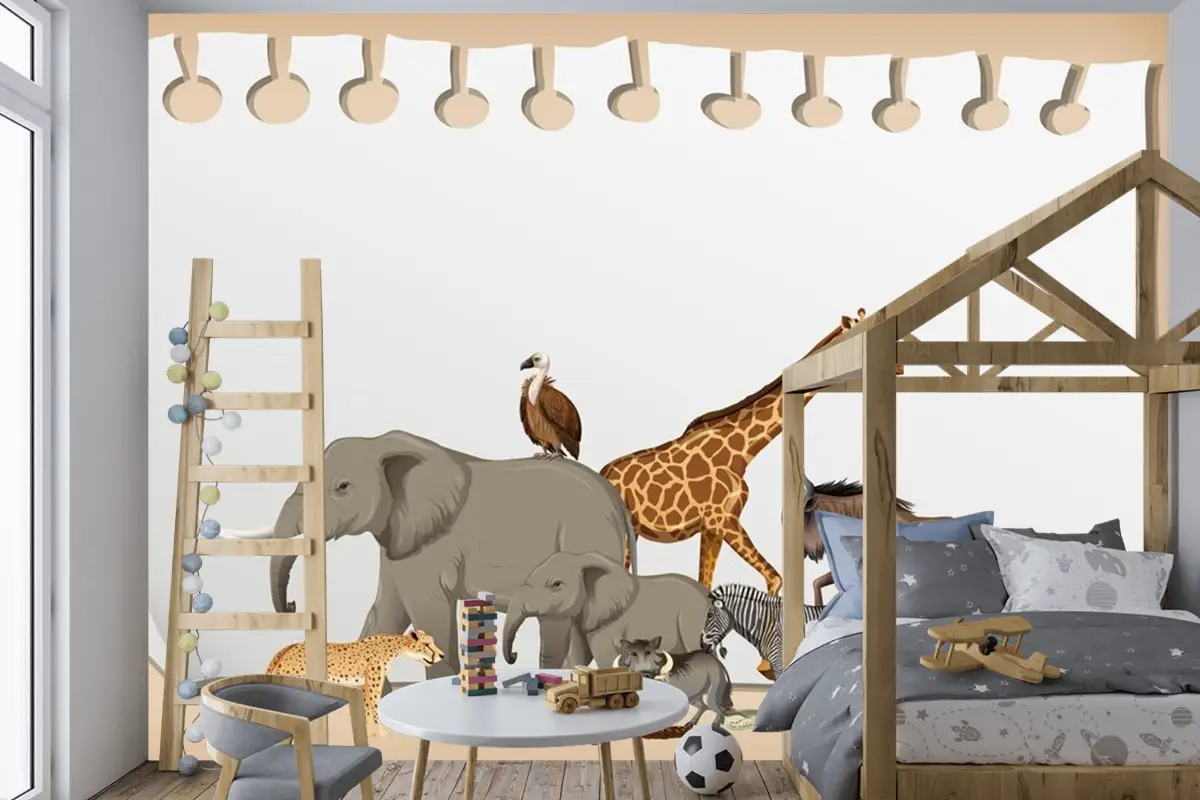 Kağıt Çocuk Odası Duvar Kağıdı  Üzerinde Vahşi Afrika Hayvanı Grubu