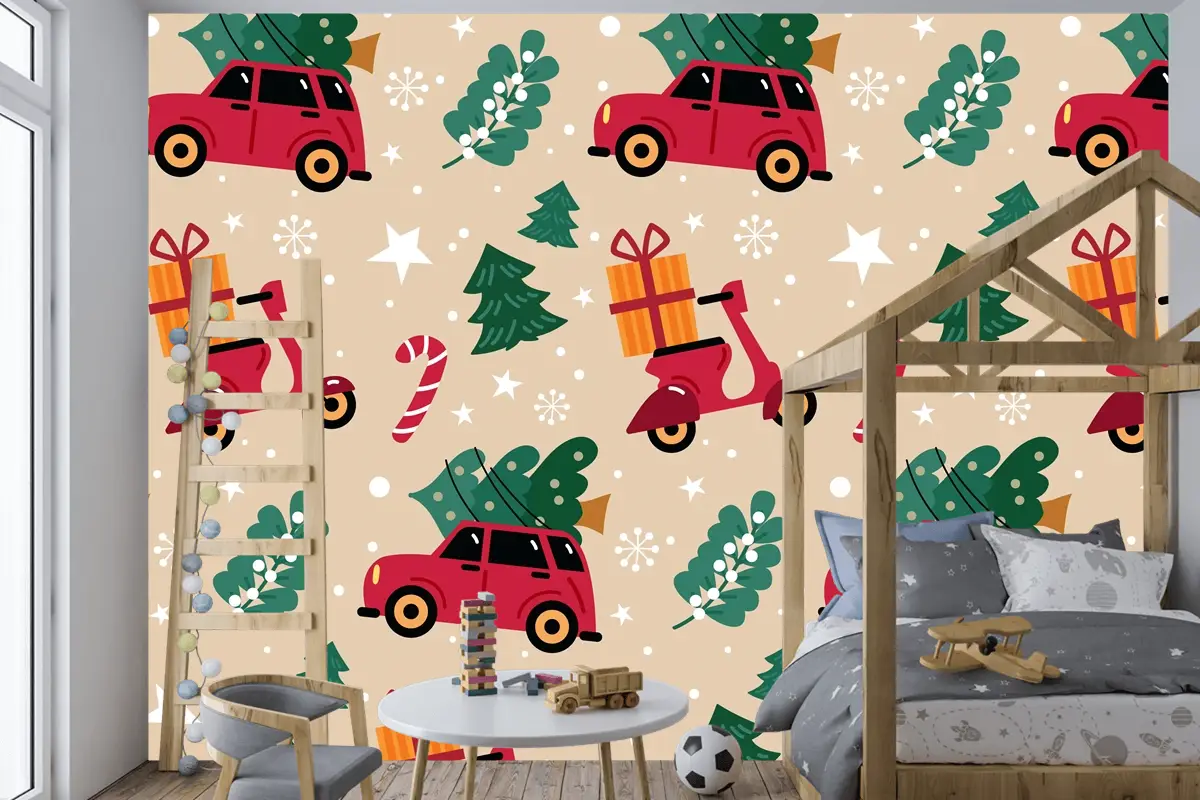 Elle Çizilmiş Düz Noel Desen Tasarımı Çocuk Odası Duvar Kağıdı