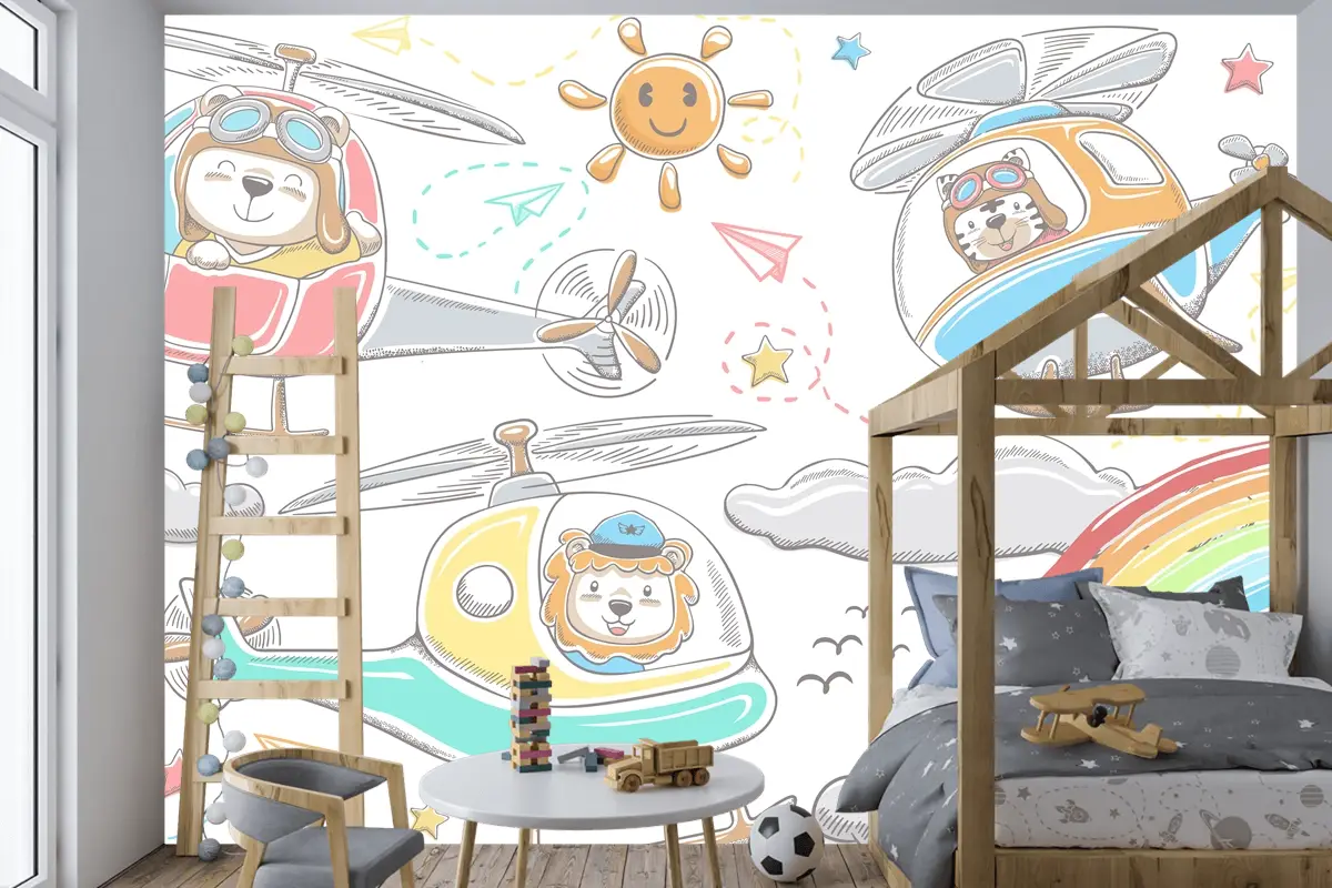 Helikopterlerde Elle Çizilmiş Komik Hayvanlar Karikatür Gökyüzü Nesne Öğeleri Karikatür Çocuk Odası Duvar Kağıdı Duvar