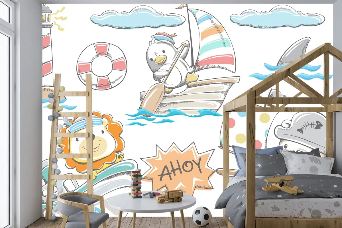 Elle Çizilmiş Komik Hayvanlar Deniz Elementleri Çocuk Odası Duvar Kağıdı