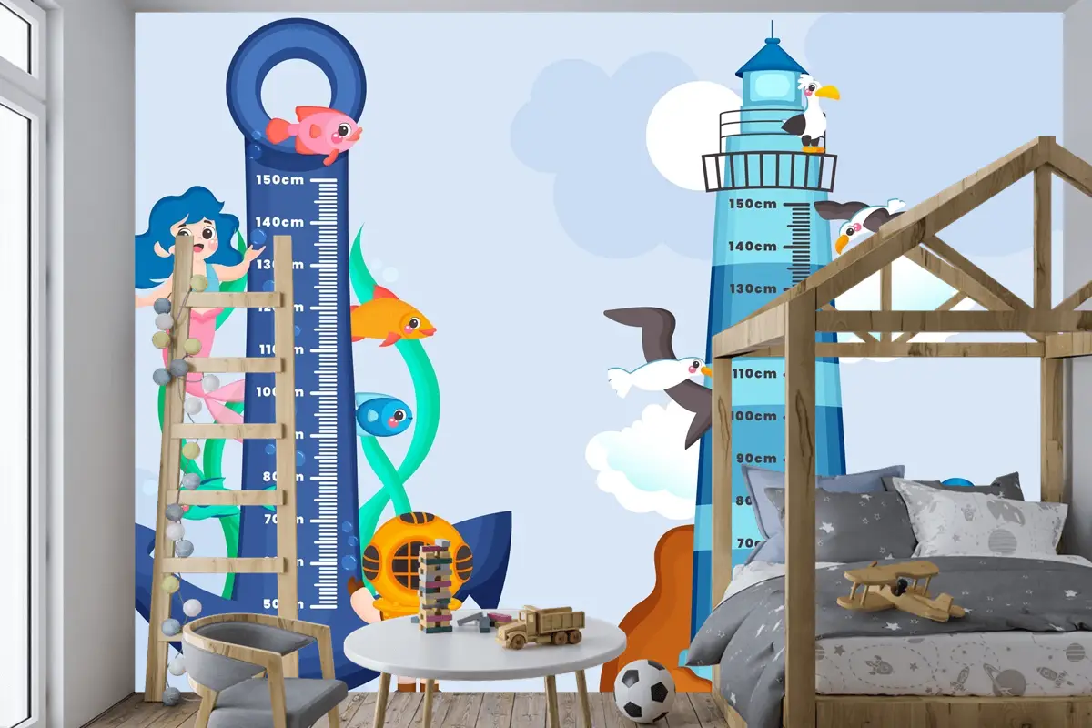 Elle Çizilmiş Yükseklik Ölçer Seti Çocuk Odası Duvar Kağıdı