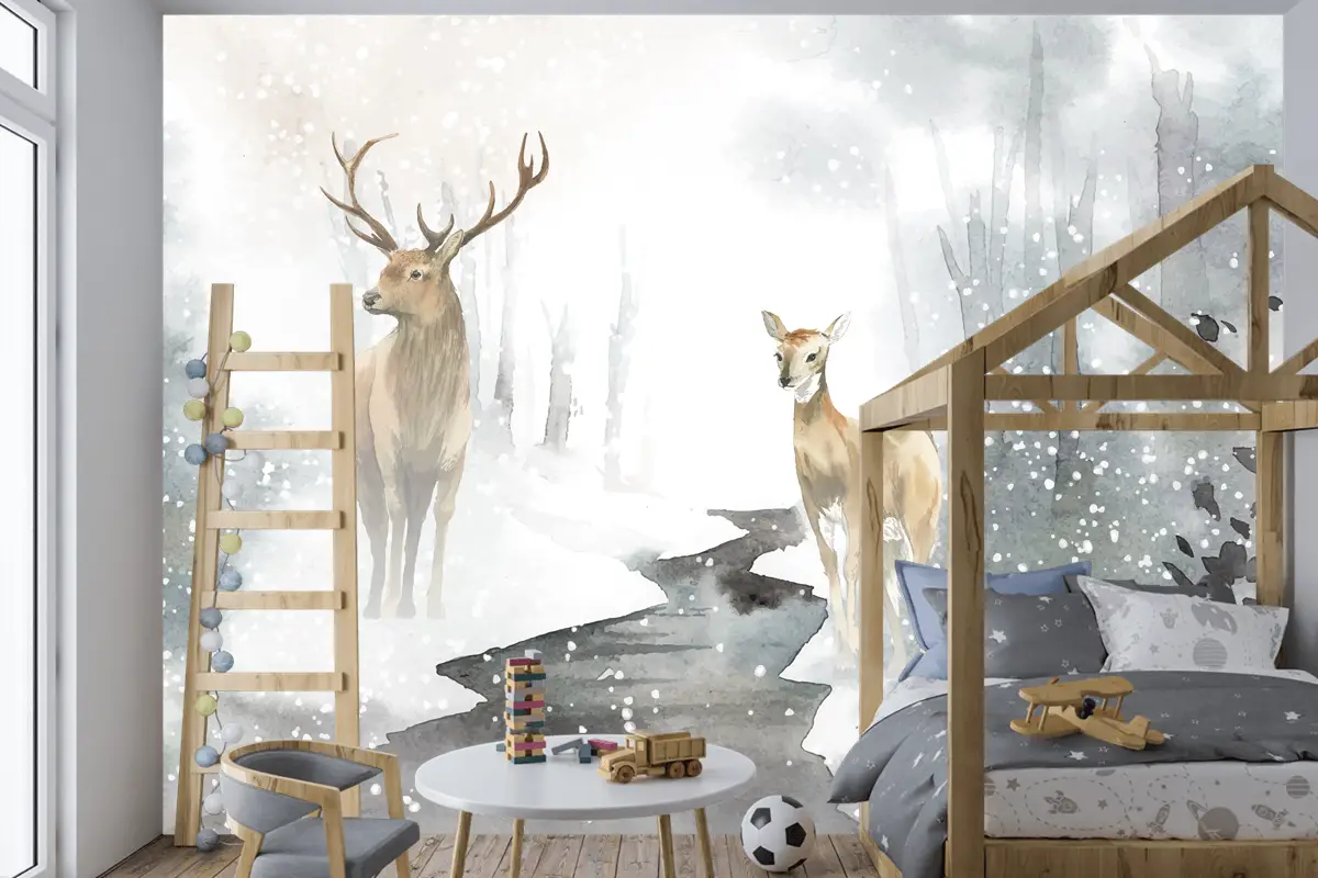 Elle Çizilmiş Geyik Çifti Suluboya Tarzı Çocuk Odası Duvar Kağıdı