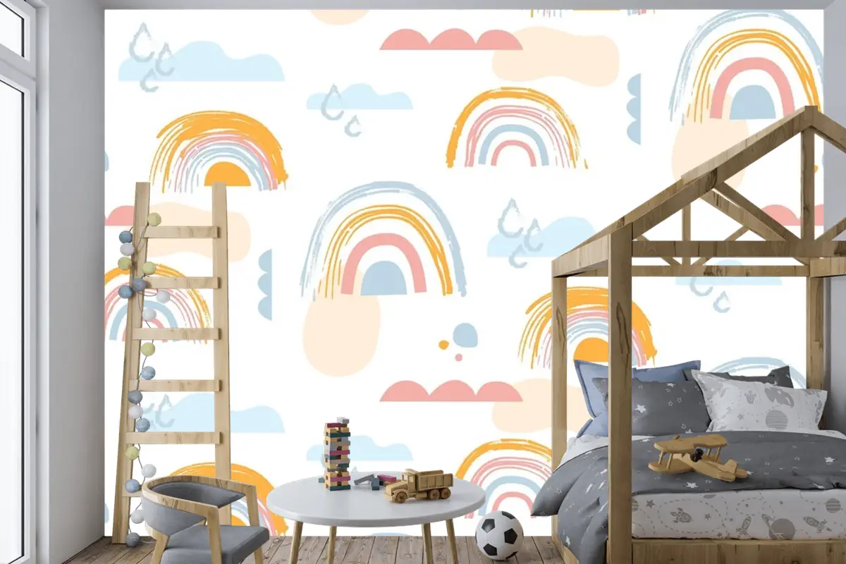 Elle Çizilmiş Gökkuşağı Desen Tasarımı Çocuk Odası Duvar Kağıdı