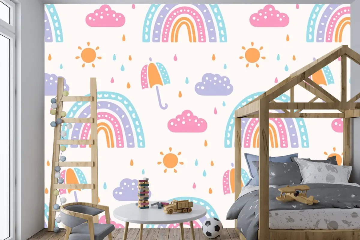 Elle Çizilmiş Gökkuşağı Desen Tasarımı Çocuklar Çocuk Odası Duvar Kağıdı